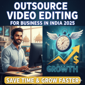 "Thumbnail for blog post: 'Outsource Video Editing for Business in India 2025'. Shows a smiling Indian video editor working, alongside a graphic depicting a stopwatch with wings and an upward-trending financial growth arrow, symbolizing time-saving and business growth."