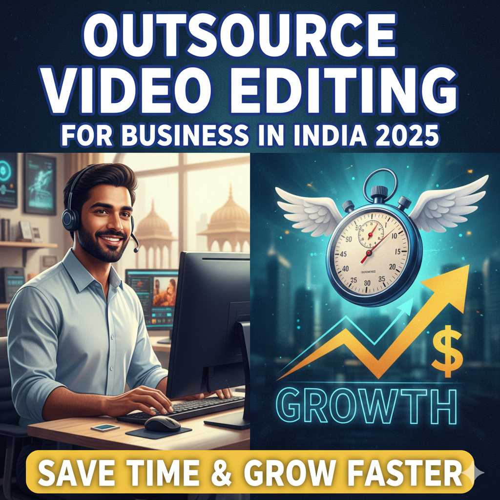 "Thumbnail for blog post: 'Outsource Video Editing for Business in India 2025'. Shows a smiling Indian video editor working, alongside a graphic depicting a stopwatch with wings and an upward-trending financial growth arrow, symbolizing time-saving and business growth."